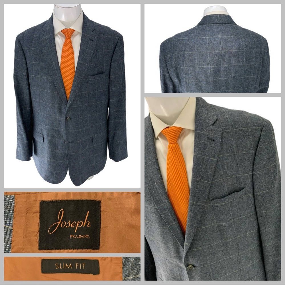 Jos A Bank Blazer 46L Blue Windowpane Silk Linen 2B 2V Slim Fit Egypt YGI W5-25